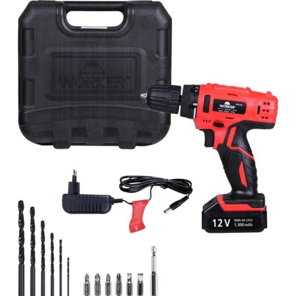 Furadeira Parafusadeira Bateria 12v Kit Com Maleta e 13 peças Worker