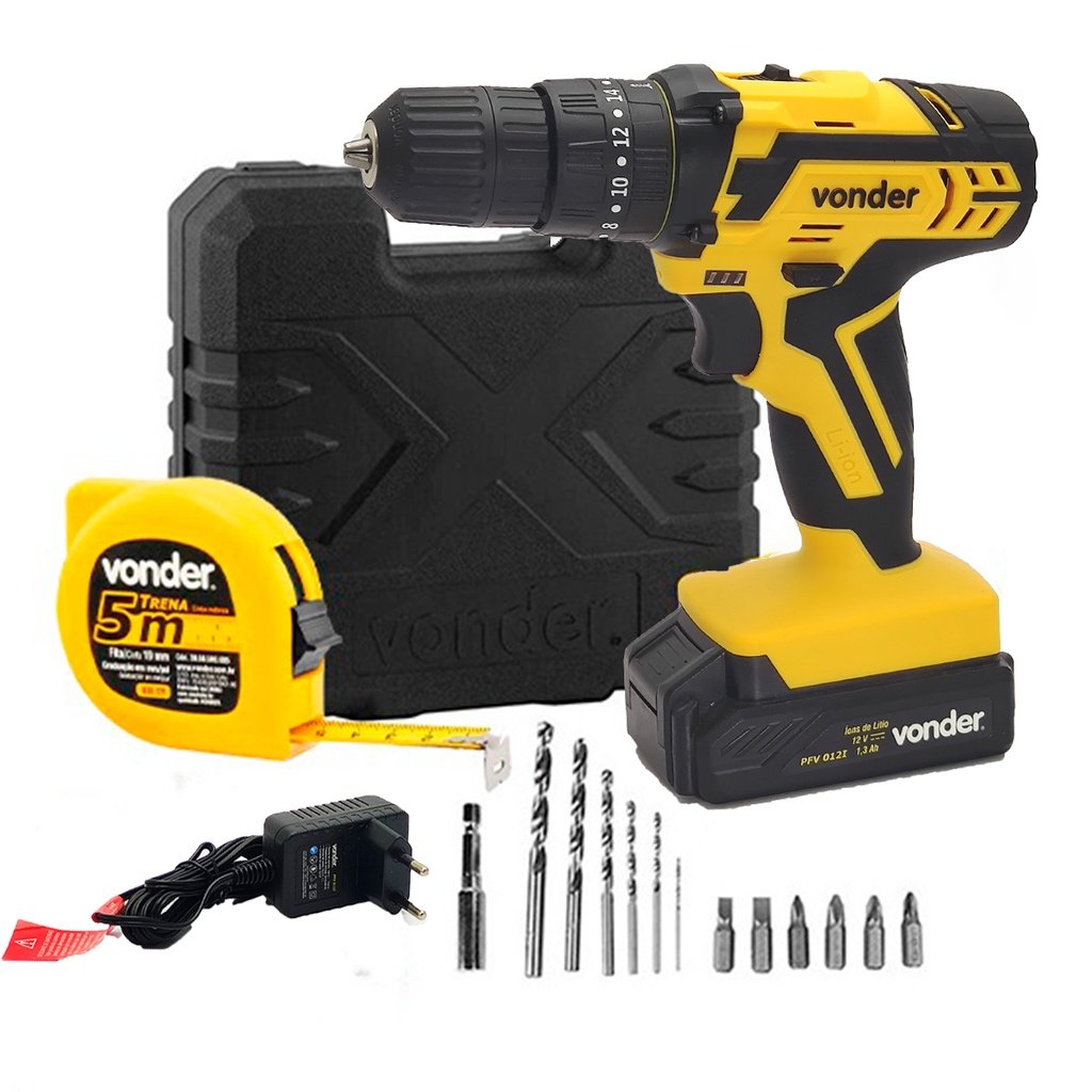 Furadeira / Parafusadeira Vonder PFV012I 12v 3/8″ – 10 mm + Acessórios + Trena 5 Metros – Original Vonder