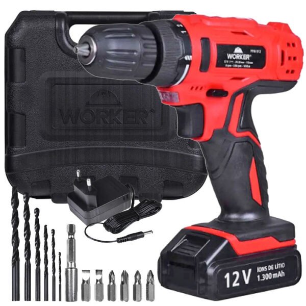 Parafusadeira Furadeira a Bateria 12V Bivolt PFW120 Com Maleta e 13 Acessórios Worker