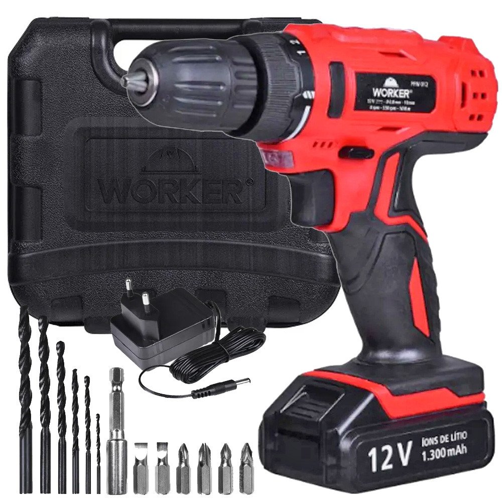 Parafusadeira Furadeira a Bateria 12V Bivolt PFW120 Com Maleta e 13 Acessórios Worker