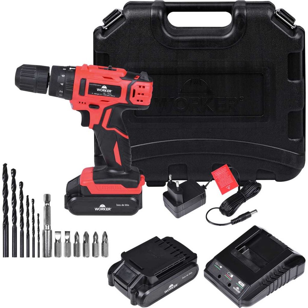 Parafusadeira/furadeira Impacto 18V Bateria 18 Peças Worker