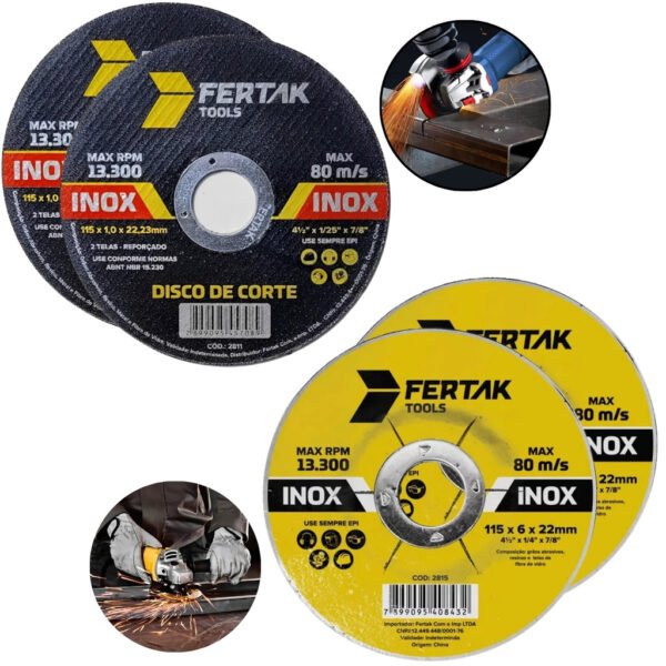 02 Discos de Desbaste Metal Aço Ferro Inox 115x22mm + 02 Discos de Corte 115x1x22mm
