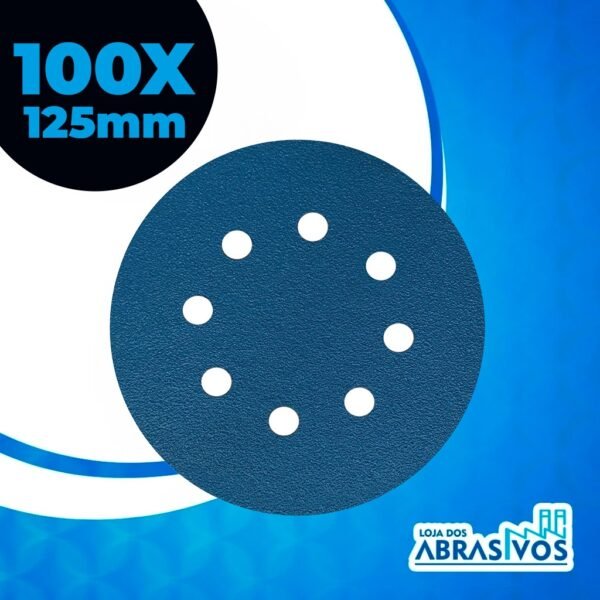Caixa com 100 Discos Lixa hookit com Base Velcro 5 Polegadas 8 furos - 125mm - Disco para Lanternagem, Disco para Madeira, Disco para Metais, Disco Funilaria