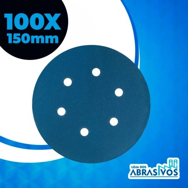 Caixa com 100 Discos Lixa hookit com Base Velcro 6 Polegadas C/ 6 furos - 150mm - Disco para Lanternagem, Disco para Madeira, Disco para Metais, Disco Funilaria