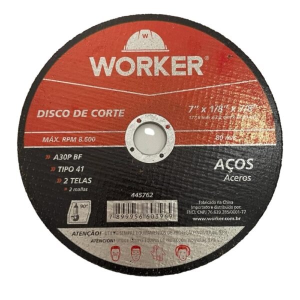 DISCO DE CORTE 7 POLEGADAS PARA AÇO FERRO E INOX 7"X1/8"X7/8" - WORKER