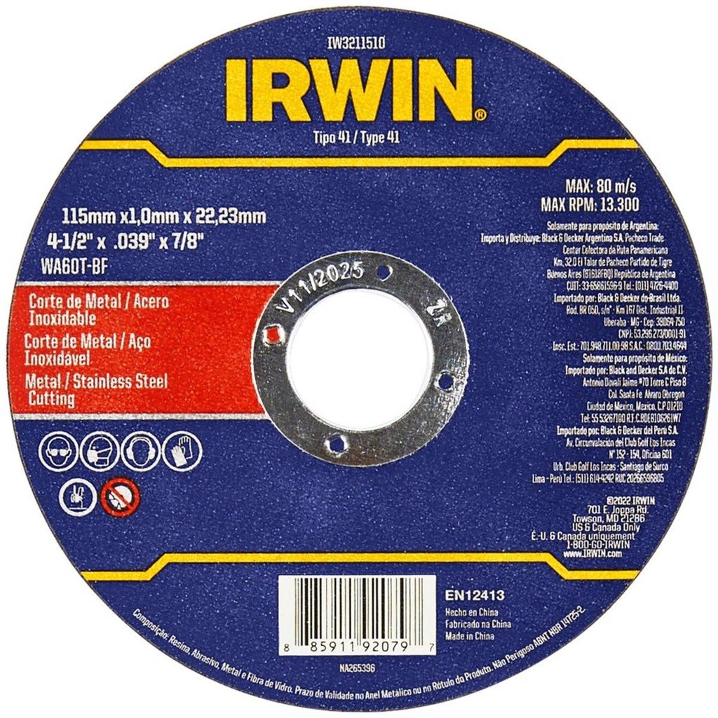 Disco De Corte Metal/inox 4 1/2” 115mm Iw3211510 Irwin