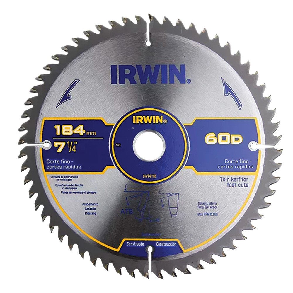 Disco Lâmina de Serra Circular para Madeira 7.1/4″ 184mm x 20mm x 60 Dentes Irwin IW14110