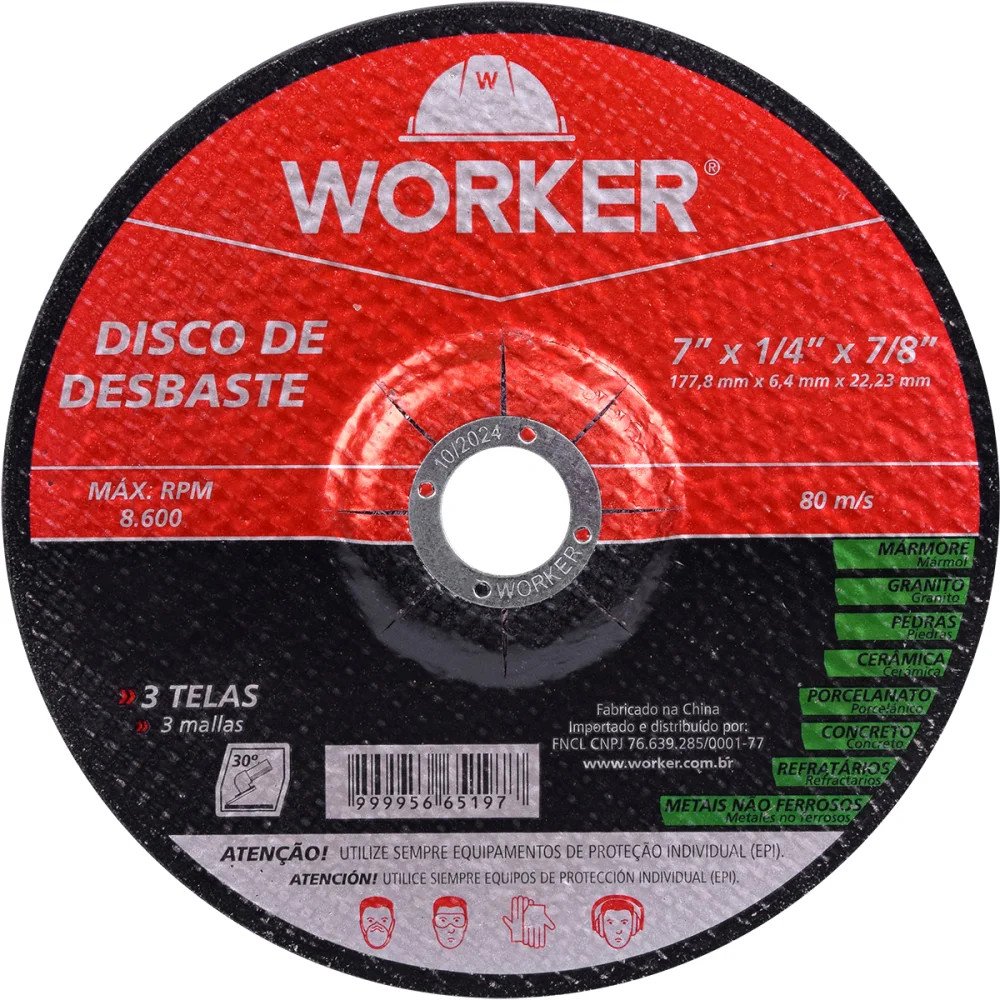 Disco para Desbastes 7″x1/4″ Grão 36 8600Rpm Worker