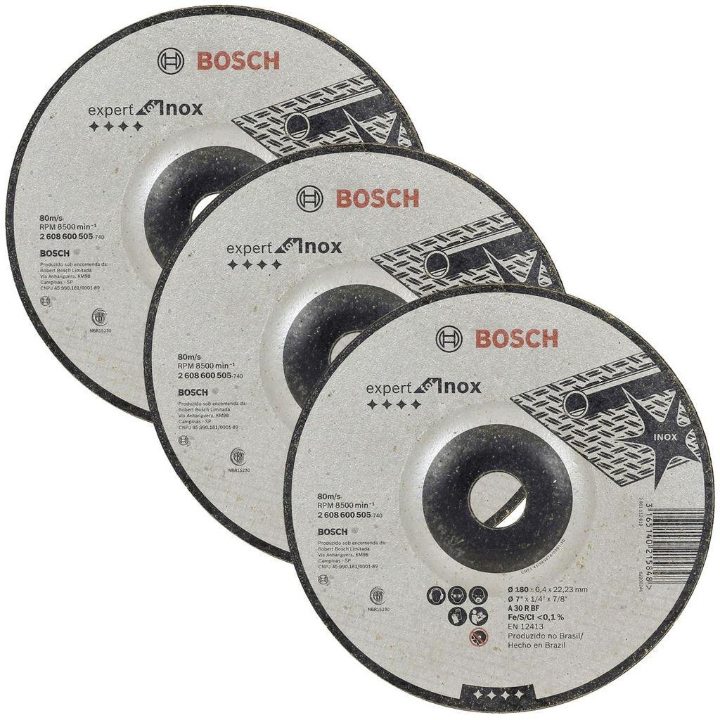 Discos de Desbaste 180mm p/ Inox Bosch Kit com 3 Centro Deprimido Expert for Inox 7″