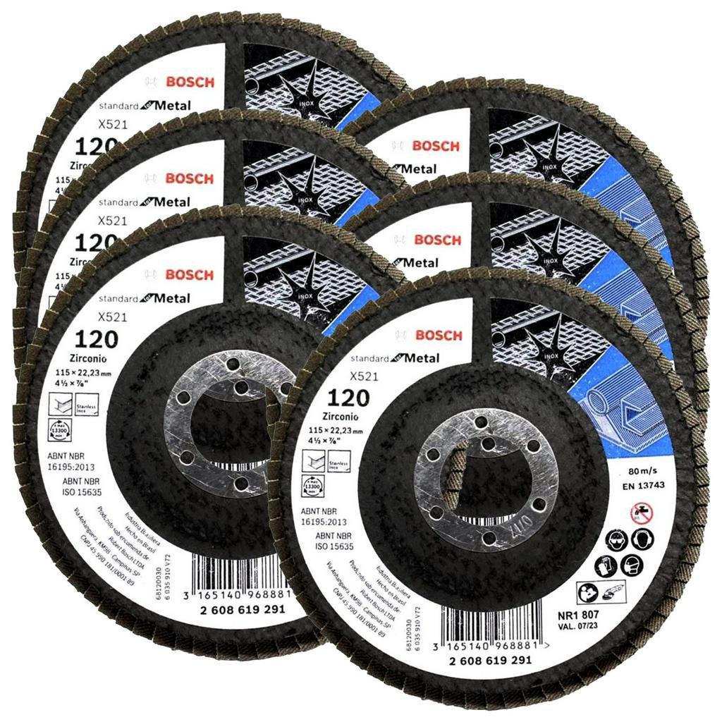 Discos Flap 115mm p/ Metal Bosch Grão 120 Kit com 6 Curvo Standard 4.1/2″
