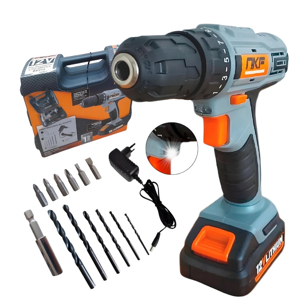 Furadeira e Parafusadeira à Bateria 12V com Maleta + 13 Acessórios FP12X – NKF