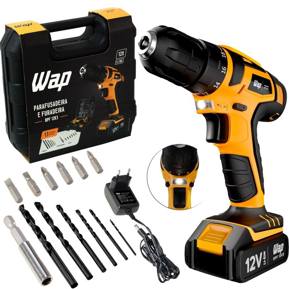 Furadeira Parafusadeira 3/8″ a Bateria 12V com Kit de Brocas e Bits – BPF 12K3 – WAP