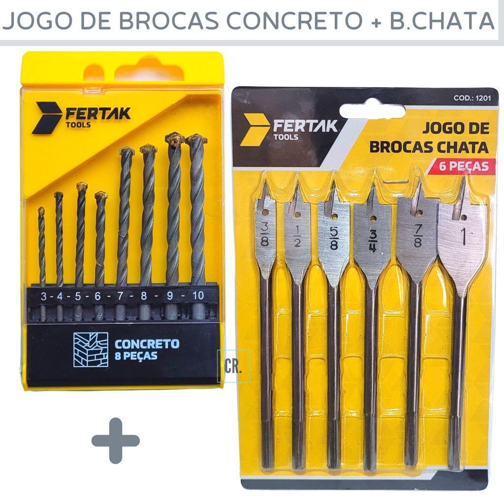 Jogo de Broca Para Concreto 8 Peças + Jogo de Broca Chata 6 Peças Kit de Brocas de Parede Com Estojo, Broca Para Madeira