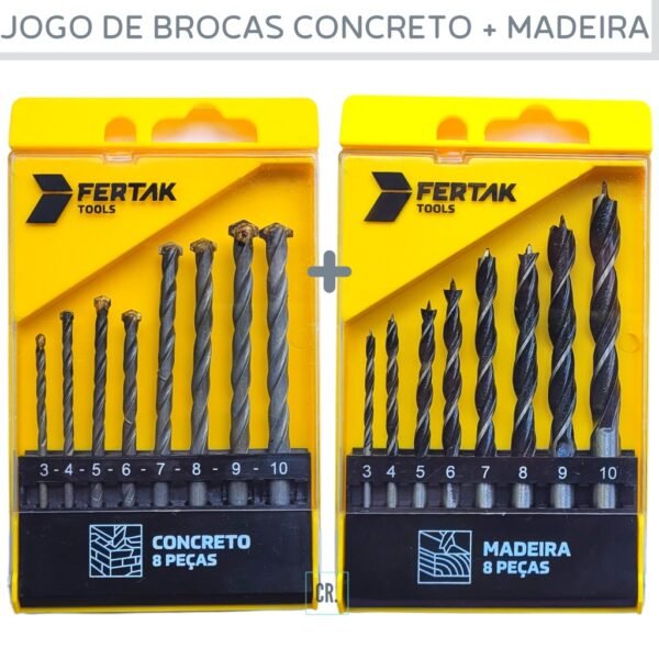 Jogo de Brocas 16pçs Fertak Para Furar Concreto e Madeira Com Estojo Plástico Kit de Broca Para Madeira, Broca Para Concreto.