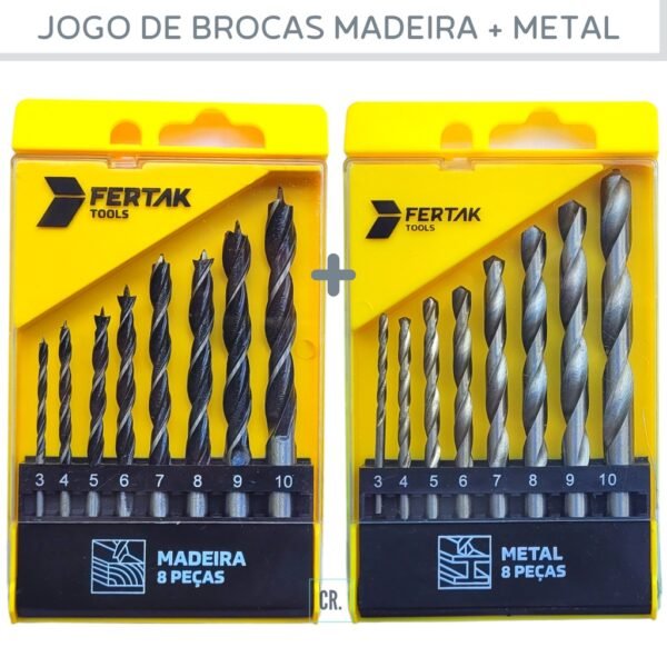 Jogo de Brocas 16pçs Fertak Para Furar Madeira e Metal Com Estojo Plástico Kit de Broca Para Ferro, Broca Para Madeira.