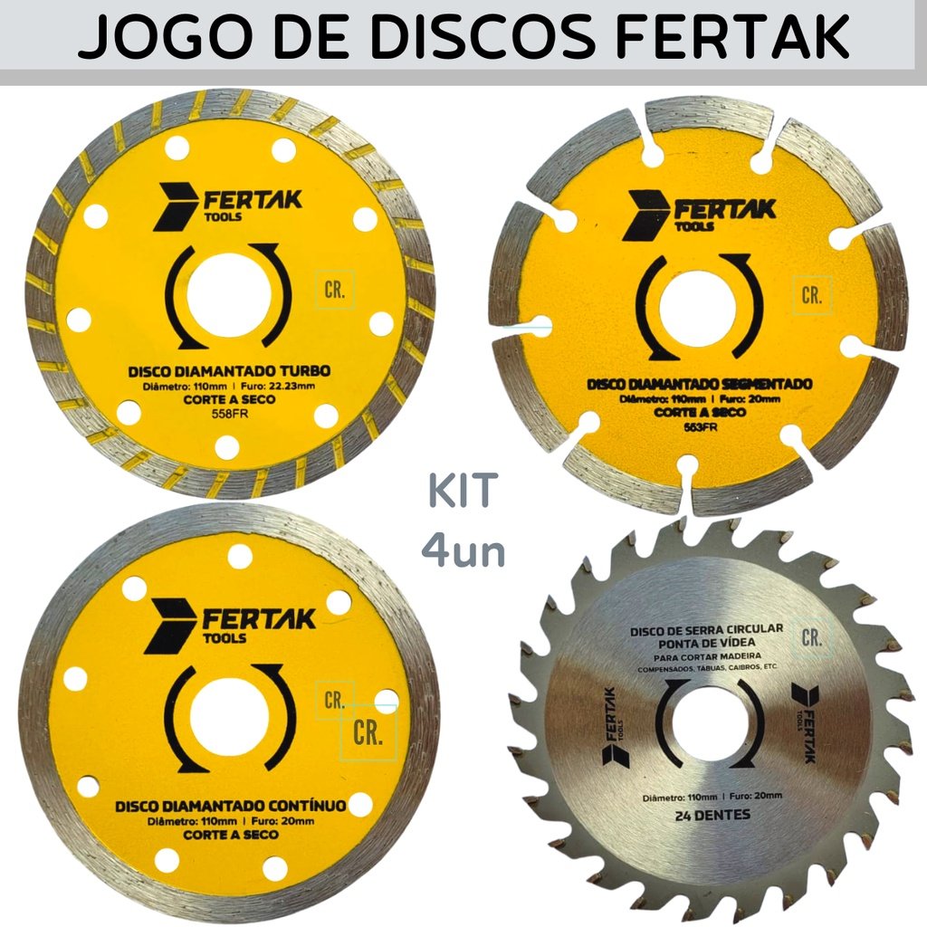 Jogo de Disco Diamantado e De Serra Fertak 4un P/Makita e Serra Mármore Kit de Discos de Corte