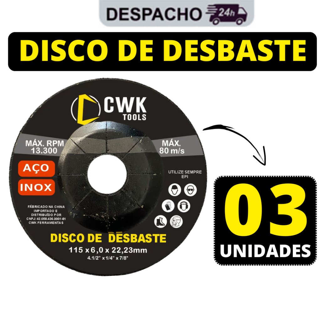 Kit 03 Disco de Desbaste para Aço Ferro 4″ (4.1/2 x 1/4 x 7/8)