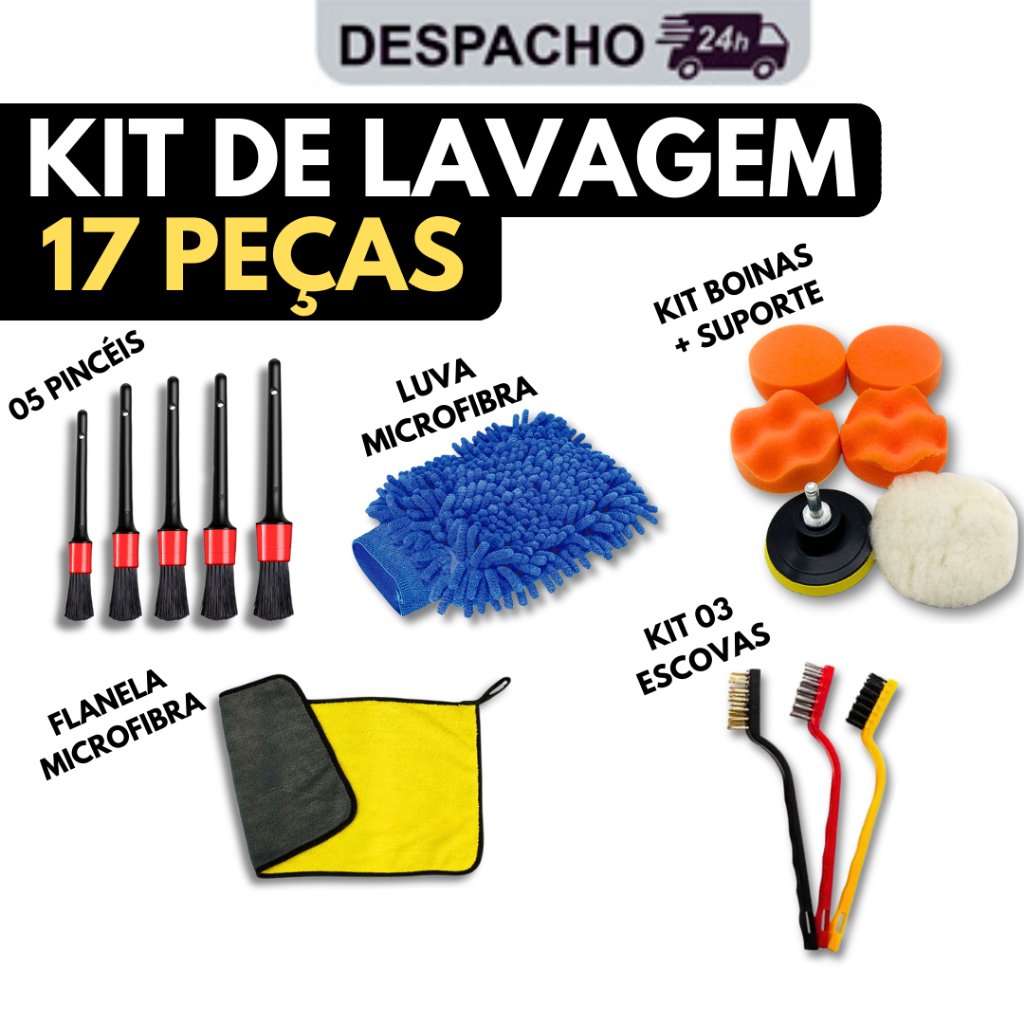 Kit 17 Peças de Lavagem Automotiva Pincel Luva Flanela Microfibra Escovas Boina Suporte Adaptador