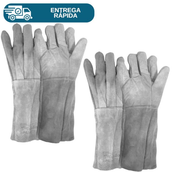 Kit 2 Prs Luva Raspa Cano Longo Punho 20cm Couro Proteção Segurança Para Pedreiro Soldador Carpinteiro Epi