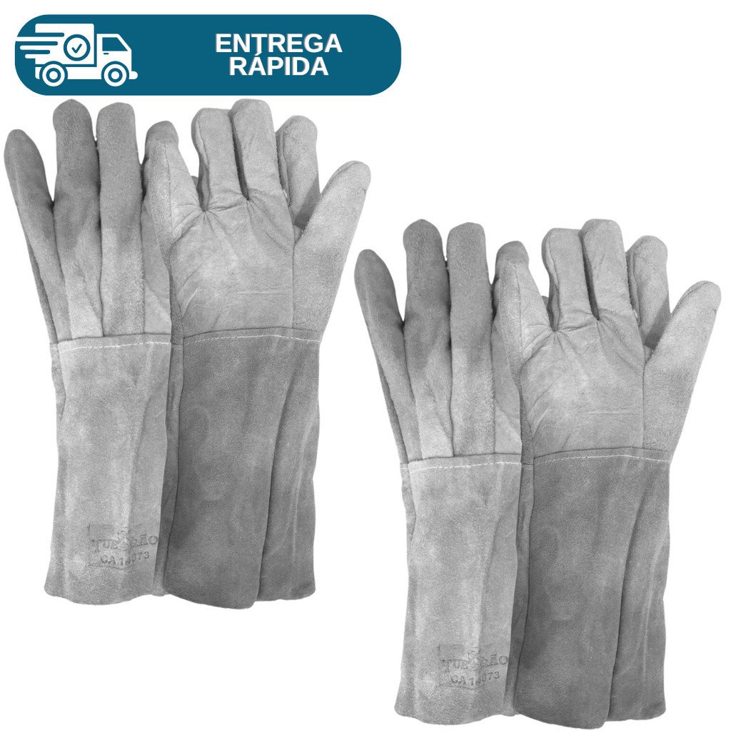 Kit 2 Pars Luva Raspa Cano Longo Punho 20cm Couro Proteção Segurança Para Pedreiro Soldador Carpinteiro Epi
