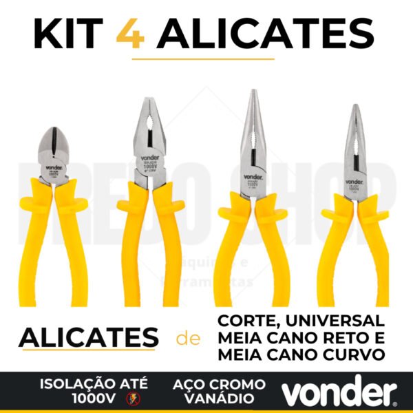 Kit 4 Alicatnes Voder: Alicate Corte diagonal, Universal, Bico meia-cana reto e Bico meia cana curvo