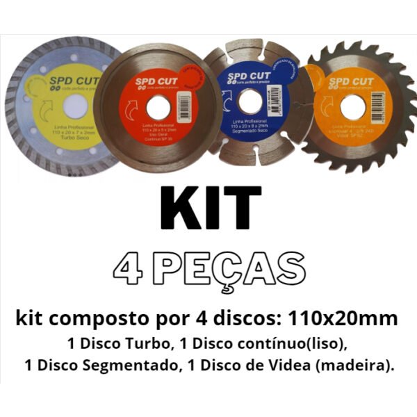 Kit 4 Discos Diamantados 110x20mm Disco Liso Disco Contínuo Disco Turbo Disco Segmentado Disco Videa Disco Madeira Corte