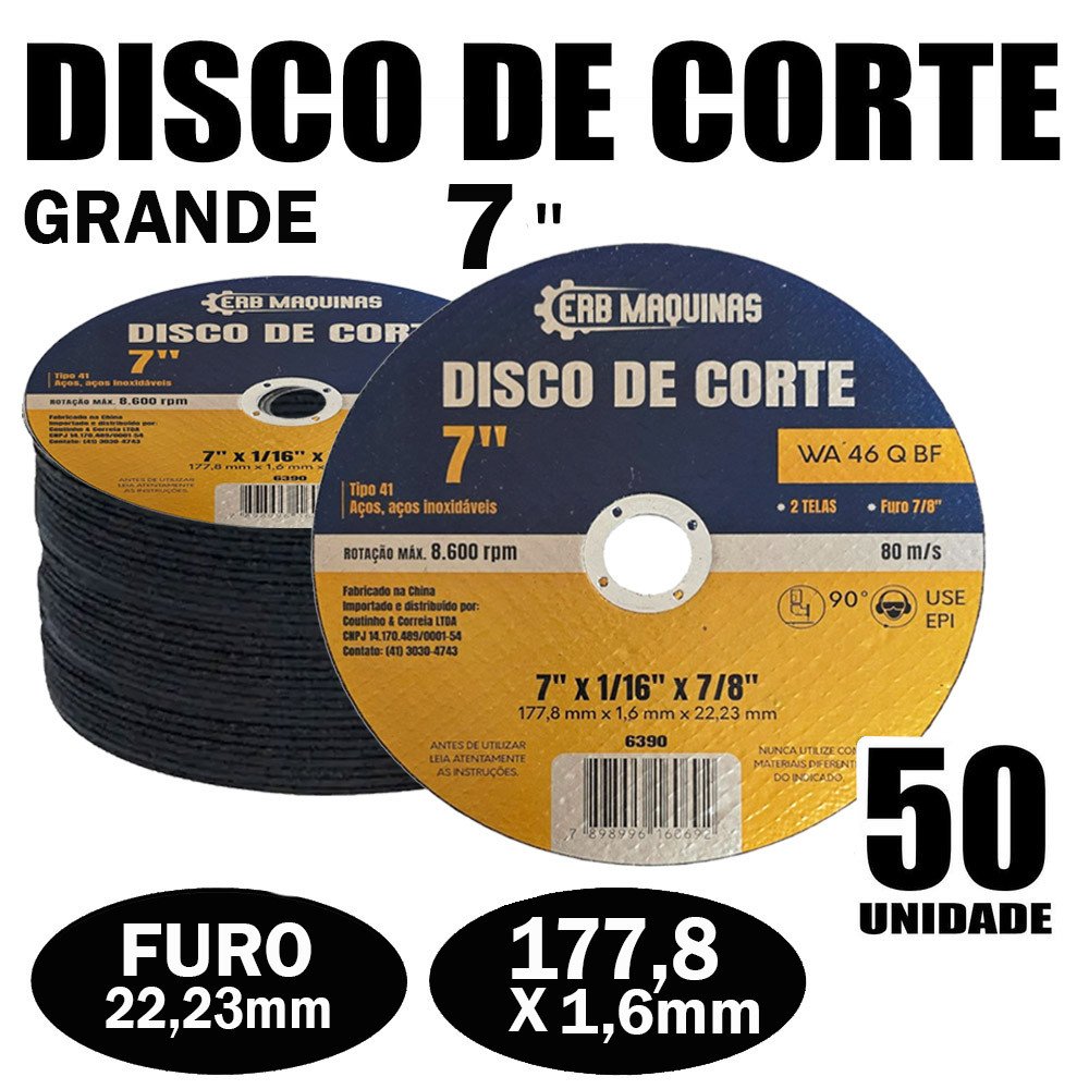 Kit 50 Disco de Corte Grande Fino em Aço Inox 7″ x 177x22x1,6mm Para Lixadeira Esmerilhadeira Esmeril