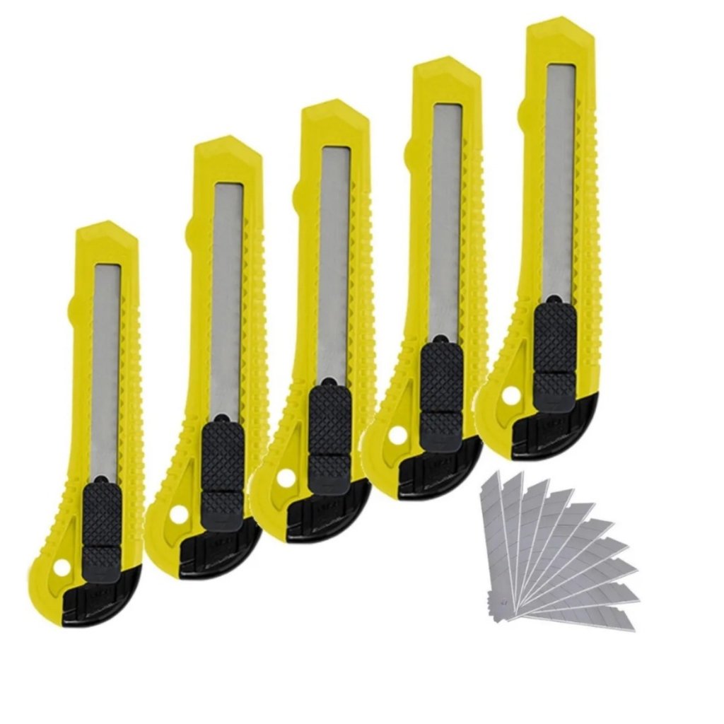 Kit 5x Estilete Comum 18mm Uso Geral + 10 Lâminas 18mm Estilete Cortador Fertak