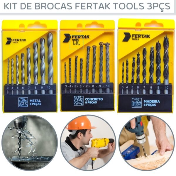 Kit Brocas Para Concreto, Madeira e Metal Fertak Tools Jogo com 8 Brocas Broca de Madeira, Broca de Metal, Broca de Concreto.