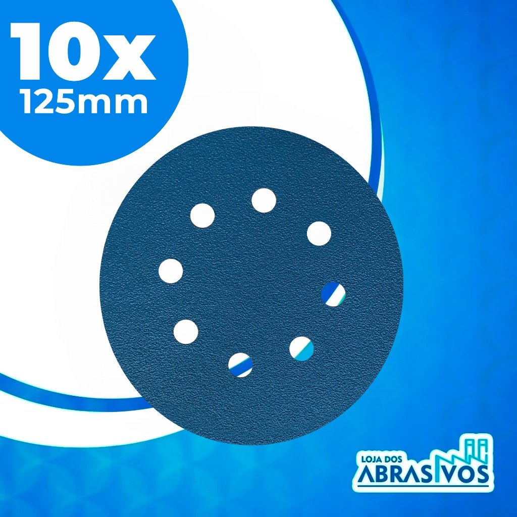 Kit com 10 Discos Lixa hookit com Base Velcro 5 Polegadas c/ 8 furos – 125mm – Disco para Lanternagem (faróis) , Disco para Madeira, Disco para Metais, Disco Funilaria