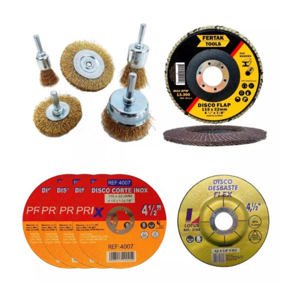 Kit Escova de Aço, Disco Flap, Disco de Corte Inox, Disco de Desbaste - P Metal Uso em Serralherias