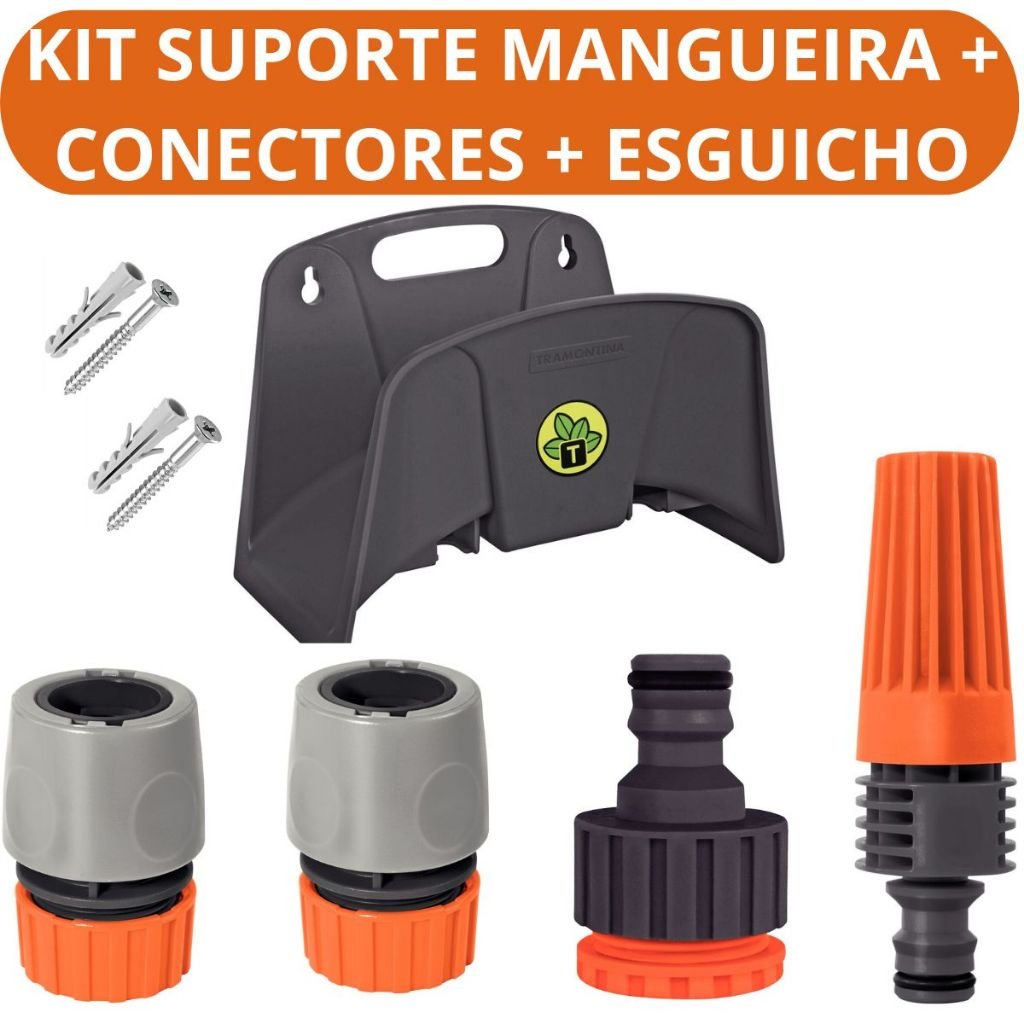 Kit Irrigaçao para Mangueira Conector Esguicho Suporte Mangueira Tramontina Kit Jardim