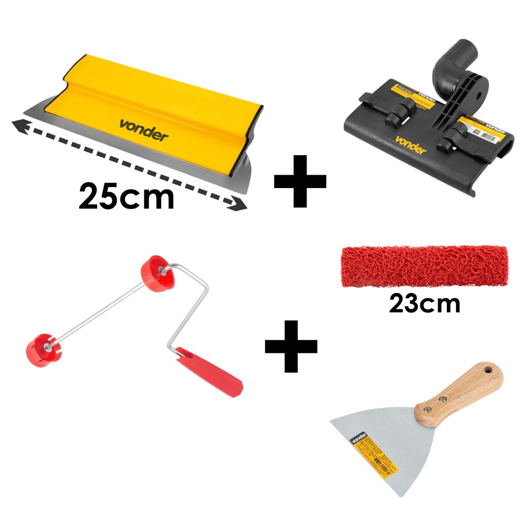 Kit Mega Profissional Massa Corrida Desempenadeira 25cm + Suporte Desempenadeira + Rolo de Textura + Suporte de Rolo + Espátula Larga