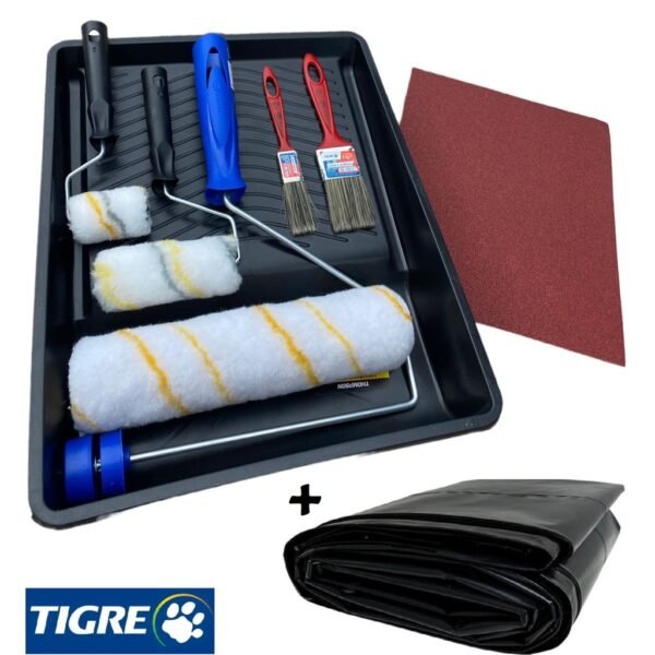 Kit Pintura De Parede Rolo Lã Com Lixa E Pincel + Lona C/ 13 Peças