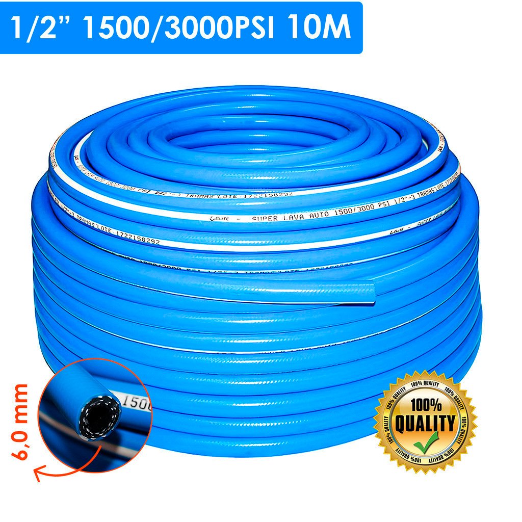 Mangueira Lava Auto Alta Pressão 1500/3000 PSI Flexível Reforçada 1/2 x 6mm 10 Metros 3 Tramas
