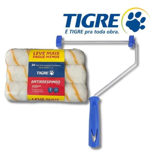 Rolo de Pintura Antigota 3 UN + Suporte p/Rolo Antirespingo Tigre Kit Pintura