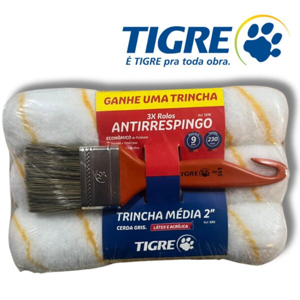 Rolo de Pintura Antirrespingo Tigre Kit 3UN + Trincha Pincel Média 2'' Tigre Kit Pintura Antigota